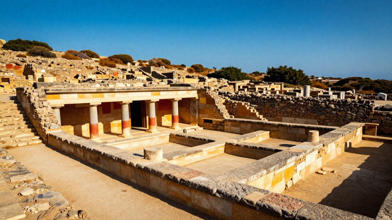 Ruinas de la antigua Akrotiri, exhibiendo estructuras Minoicas de la Edad del Bronce en un paisaje soleado.
