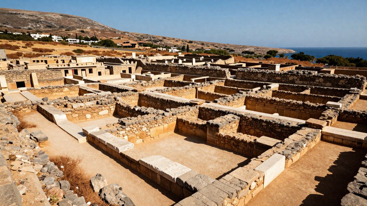 Ruinas arqueológicas de Akrotiri, antigua ciudad minoica, con sus estructuras excavadas en paisaje mediterráneo.