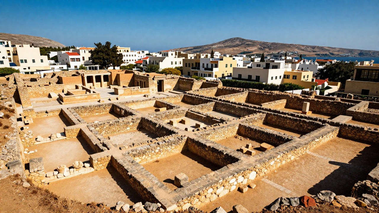 Ruinas de Akrotiri, mostrando la intrincada planificación urbana y la ingeniería arquitectónica de la antigua ciudad.