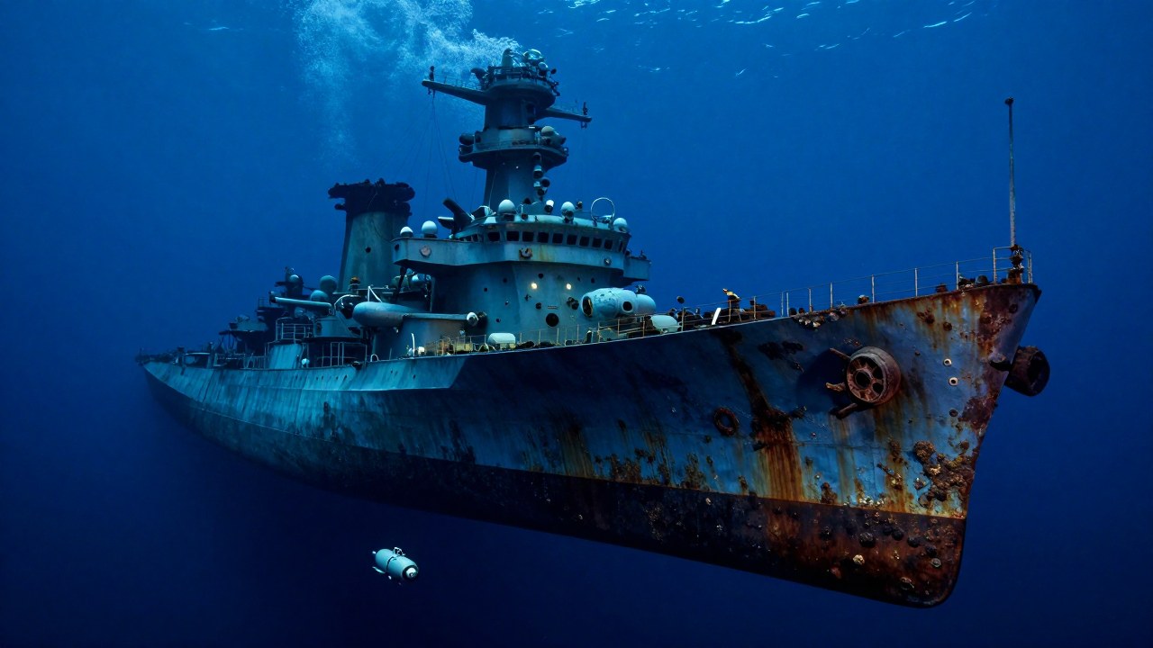 El casco sumergido del acorazado Bismarck en el fondo marino, observado por un sumergible de investigación.