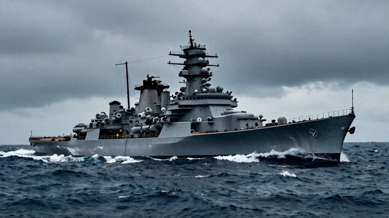 El enorme acorazado Yamato avanza por olas agitadas en un mar tempestuoso.
