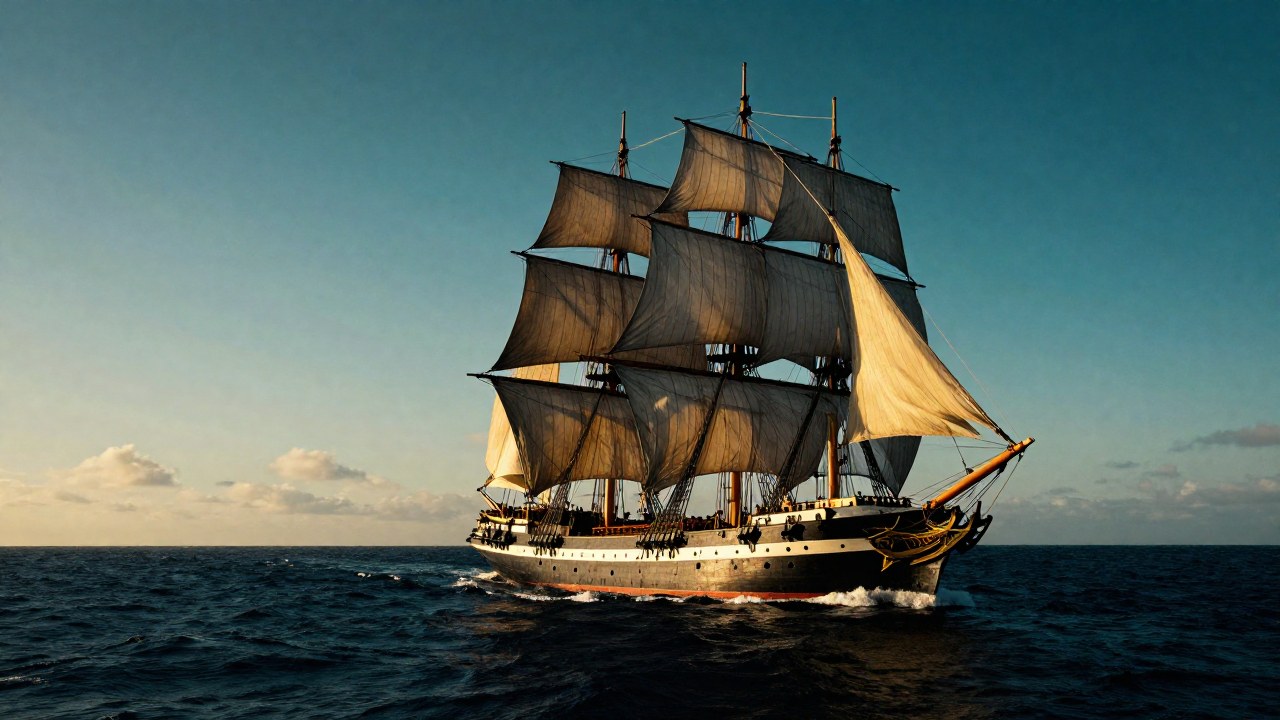Un majestuoso barco clipper histórico navegando a toda vela sobre un vasto océano.
