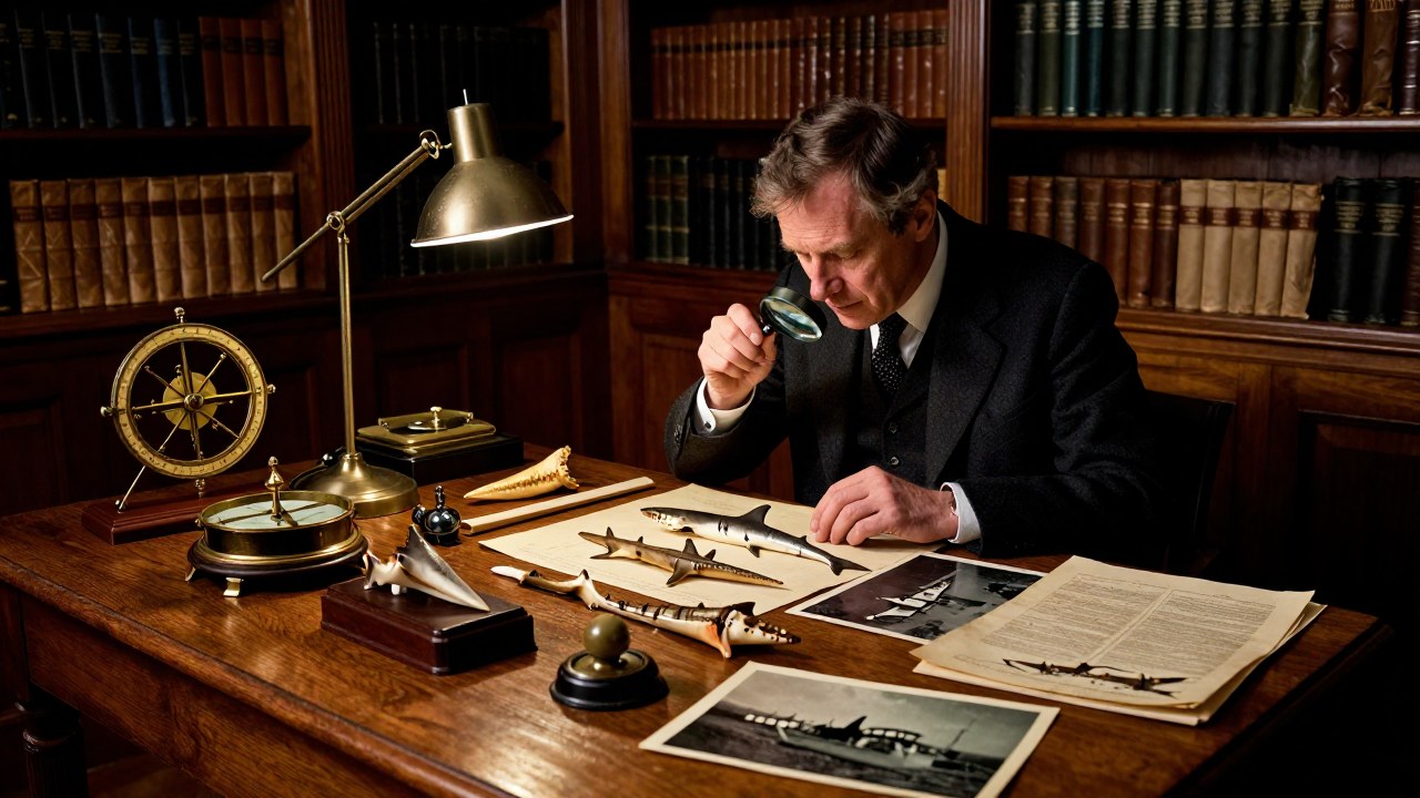 Historiador revisa instrumentos y especímenes marinos en un archivo histórico especializado.