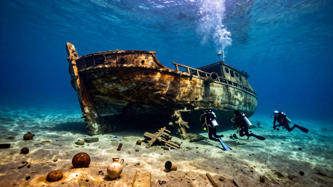 Buzos arqueólogos examinan los restos de un antiguo naufragio histórico en el fondo marino de Egipto.