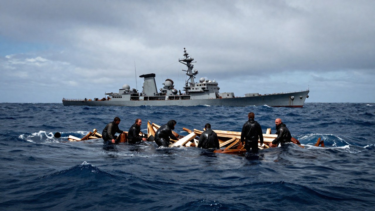 Sobrevivientes de un desastre marítimo luchan por sobrevivir junto a restos de un gran buque de guerra.