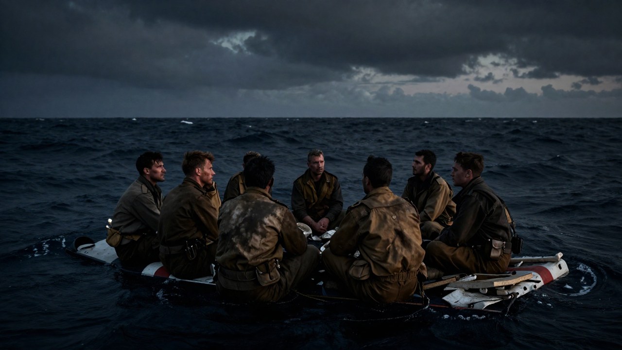 Un grupo de marineros en vestimentas desgastadas aglomerados en una balsa, luchando por sobrevivir en el mar abierto.