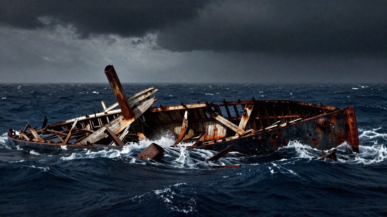 Los restos del transatlántico Santa Isabel flotan en el océano turbulento tras el naufragio de 1921.