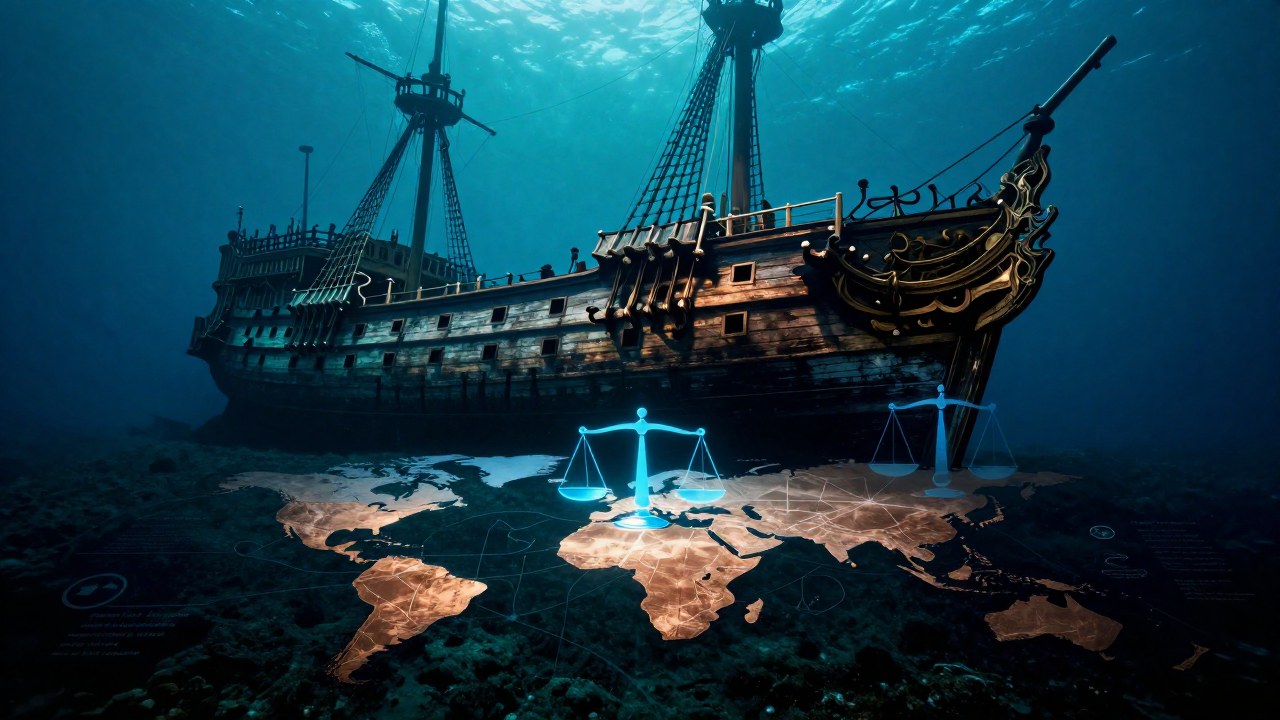 Naufragio histórico en el fondo marino yuxtapuesto con símbolos abstractos de derecho internacional.