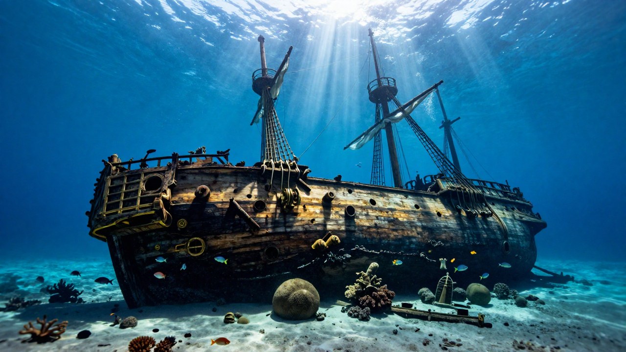 Restos majestuosos de un galeón del siglo XVIII en el fondo marino del Caribe rodeado de peces.