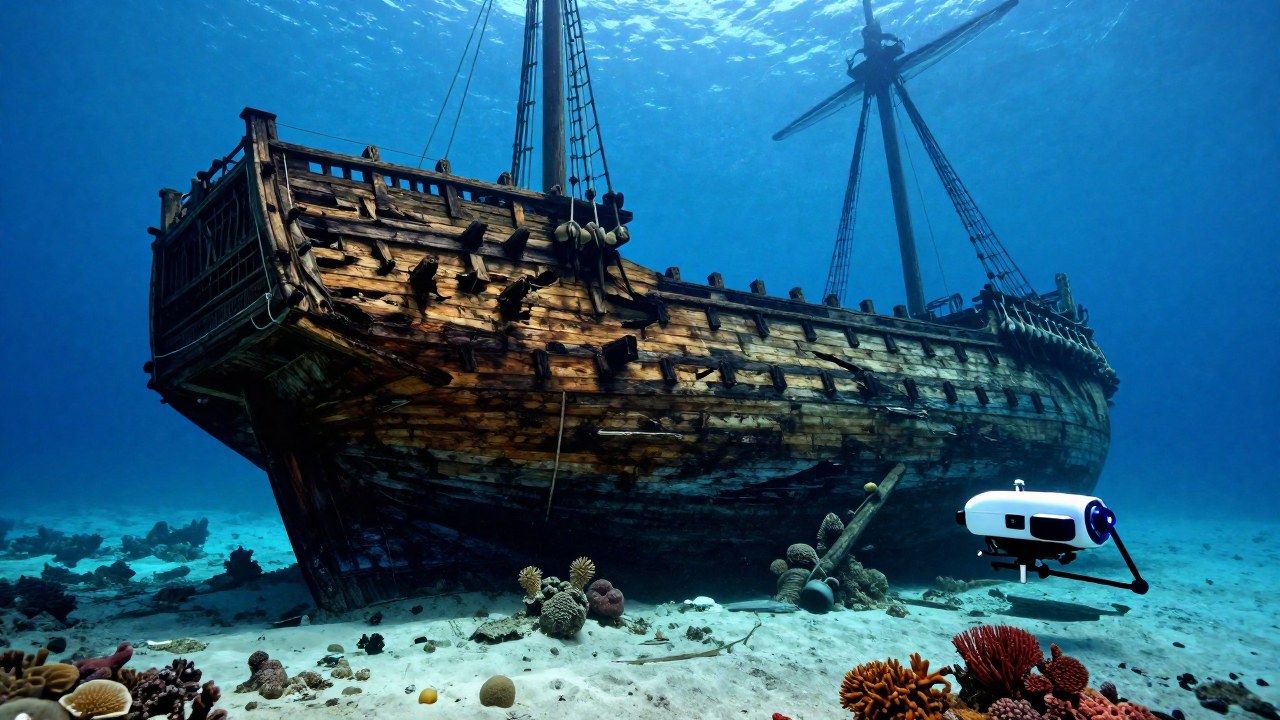 Un ROV moderno investiga los restos de un galeón antiguo en el fondo marino del Caribe.