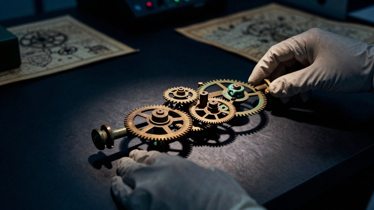 Manos con guante sostienen un complejo mecanismo antiguo de bronce sobre un banco de conservación en laboratorio.