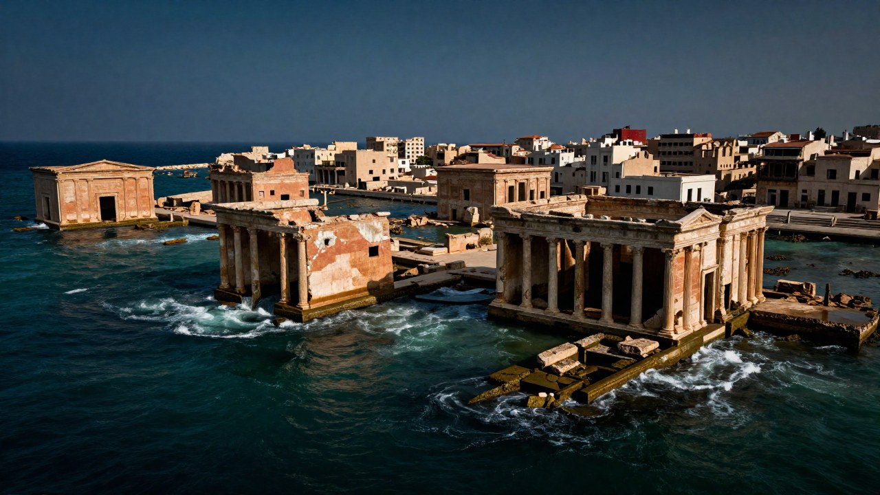Monumentales ruinas de una antigua ciudad portuaria sumergida, mostrando el proceso de deterioro por acción del mar y el tiempo.