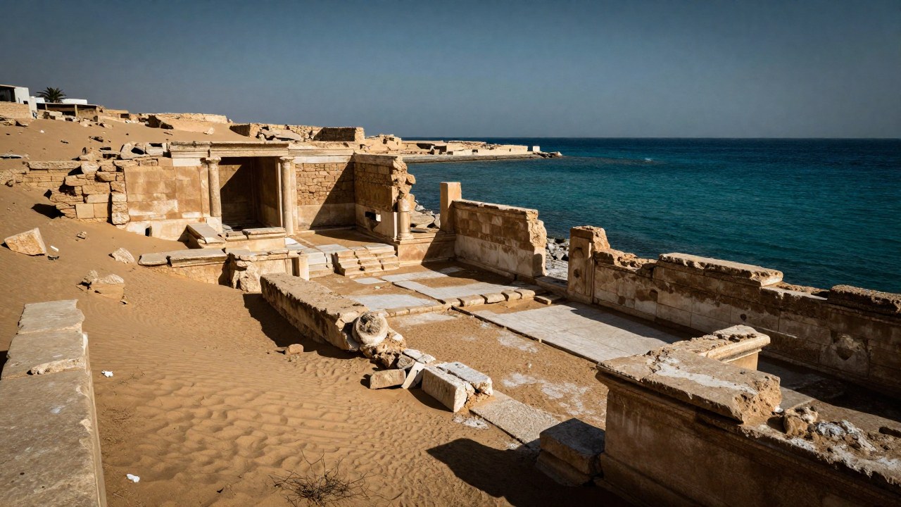 Fundaciones arqueológicas de Thonis-Heracleion en Egipto junto al agua, mostrando su declive y erosión.