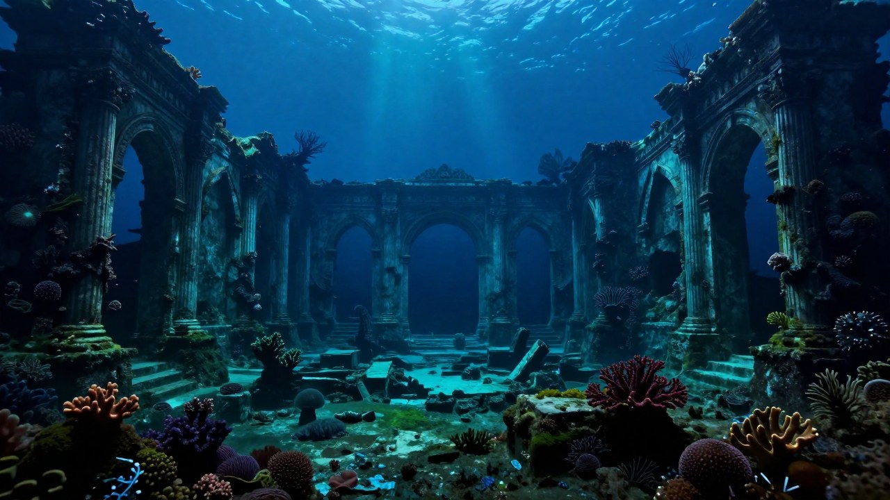 Ruinas colosales de una ciudad legendaria bajo el mar, cubiertas de arrecifes y criaturas marinas.
