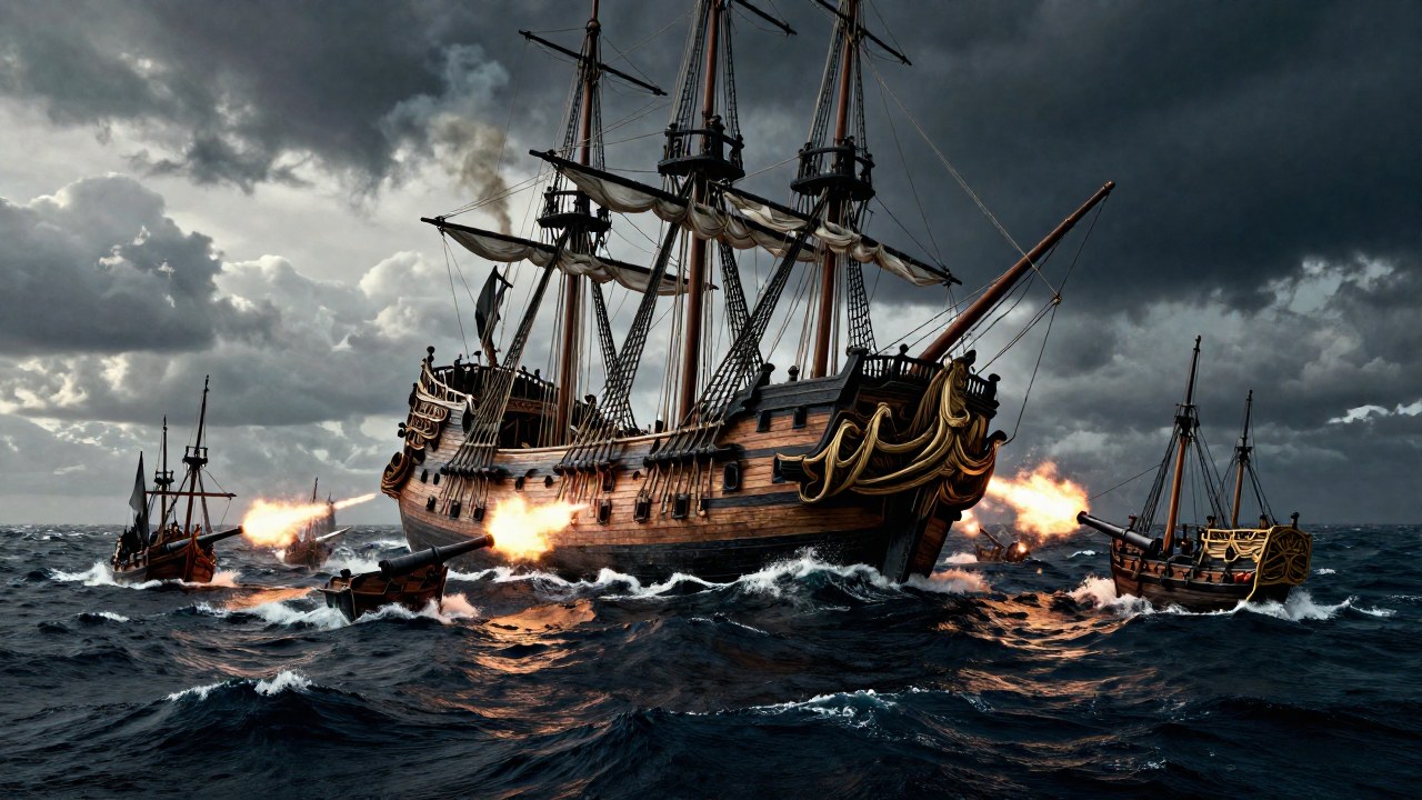 Piratas atacan y hunden el gran galeón español Santa Ana en medio del turbulento Océano Pacífico.