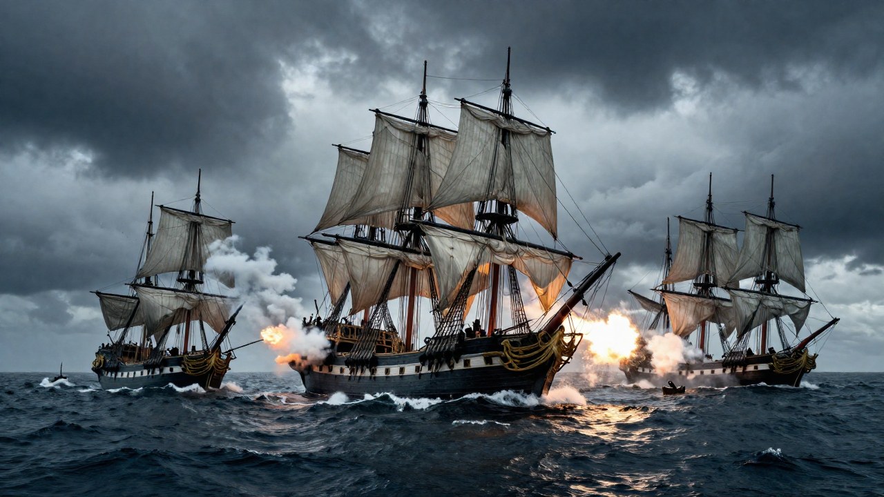 Navío colonial español dañado en combate contra un poderoso buque de guerra británico en alta mar.
