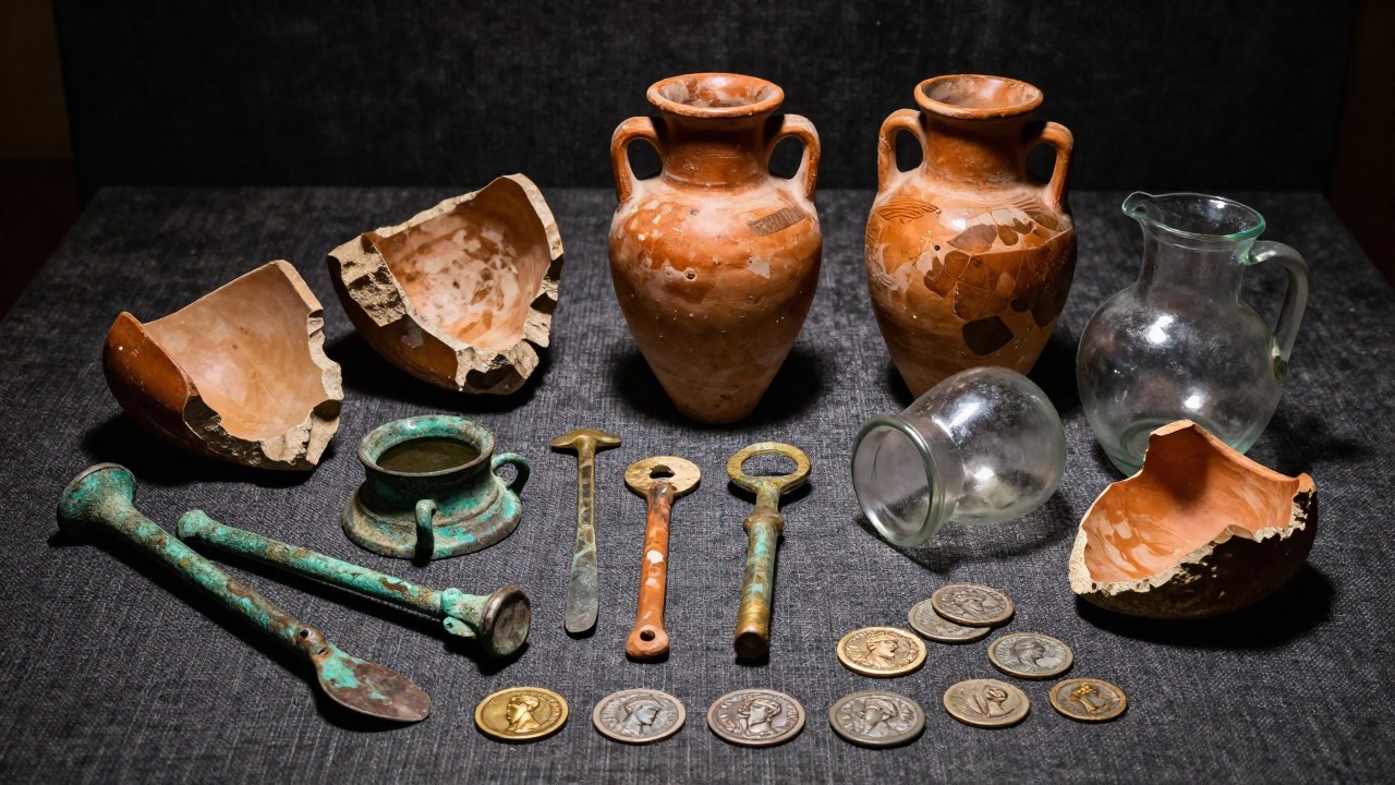 Colección de artefactos antiguos de naufragios mediterráneos, incluyendo fragmentos de ánforas, herramientas y monedas romanas.