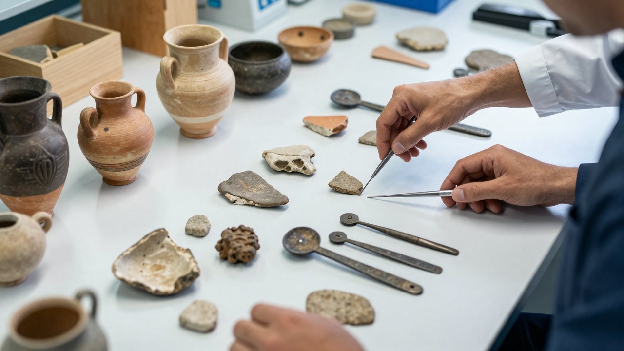 Arqueólogos comparando fragmentos de cerámica y artefactos metálicos recuperados de un naufragio en laboratorio.