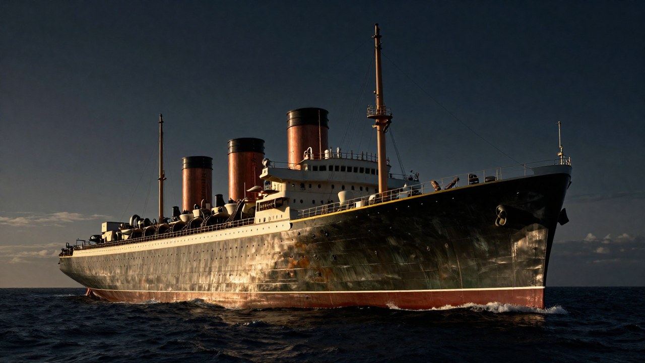 El colosal buque SS Great Eastern navega por el océano, mostrando su arquitectura industrial.