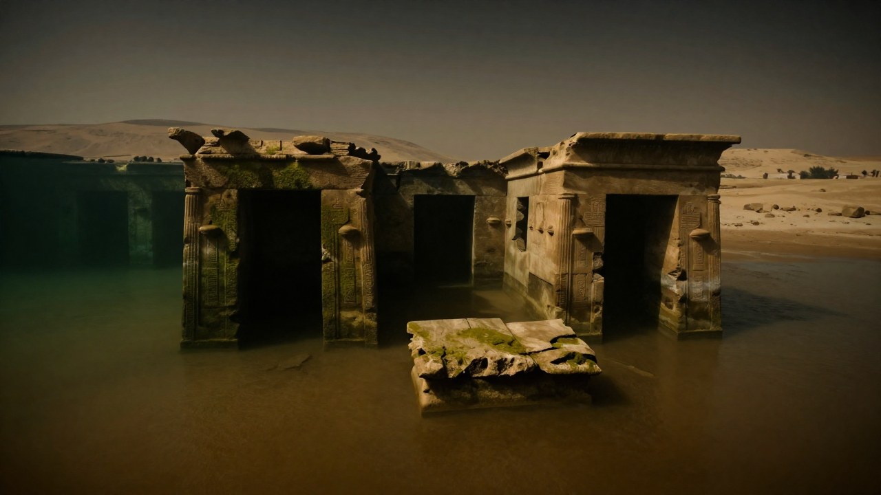 Ruinas de piedra antiguas de Thonis-Heracleion parcialmente sumergidas en las aguas del Delta del Nilo.