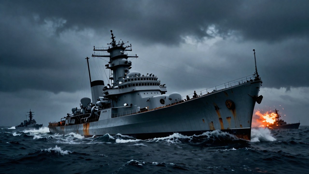 El acorazado HMS Prince of Wales, gravemente dañado, lista en medio de un intenso combate naval.