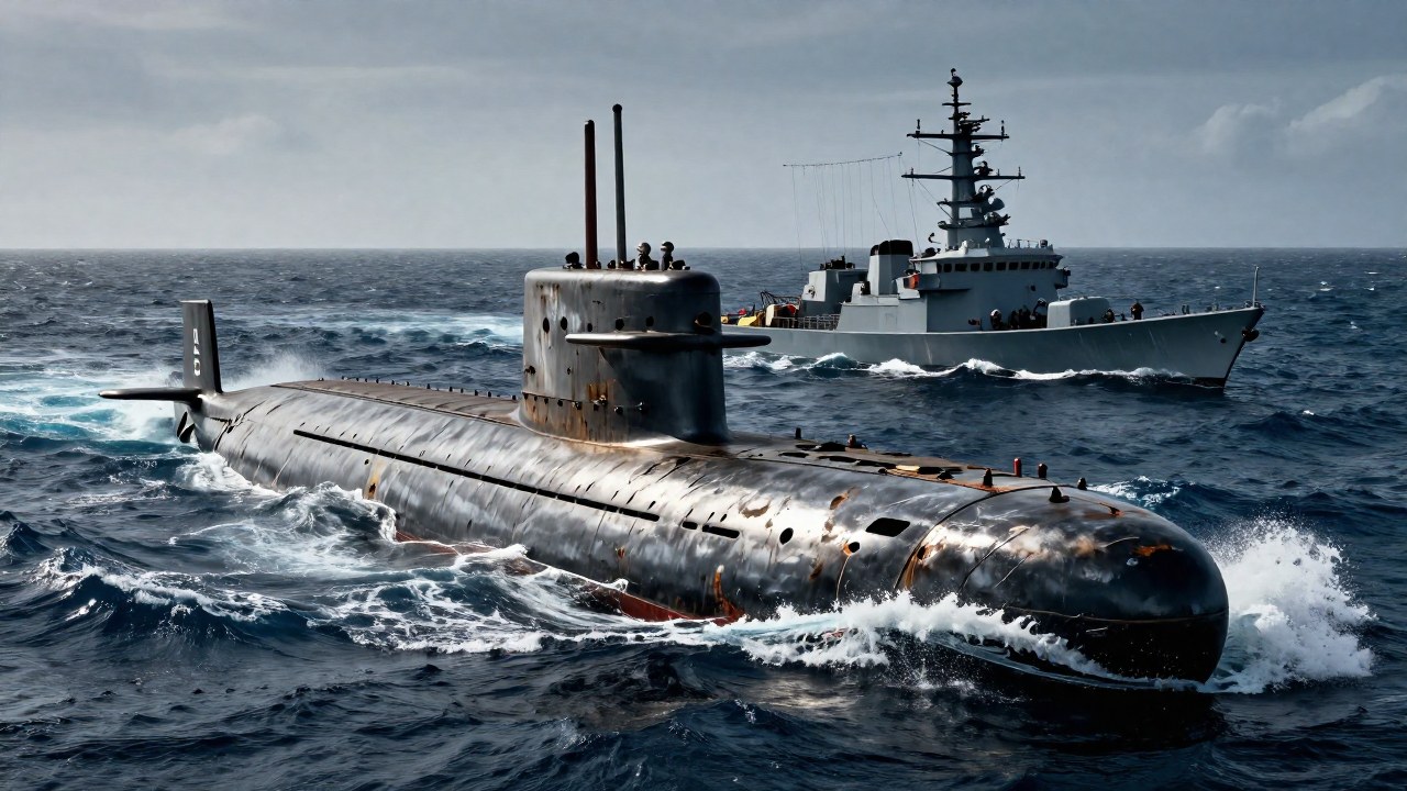 Un submarino alemán gravemente dañado en alta mar es observado por un buque de escolta aliado.