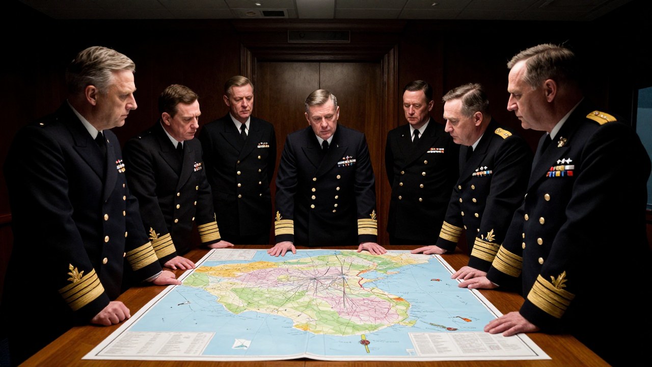 Altos oficiales navales discuten un mapa operativo en una sala de mando tras una pérdida en el mar.