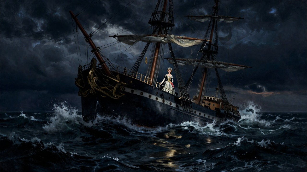 La Reina Regente en un barco dañado frente a la fuerza de un violento mar tempestuoso.