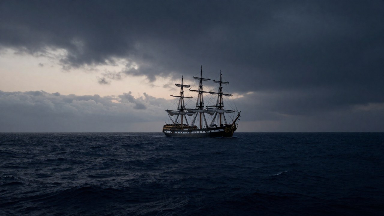 Velero histórico y ornamentado cruza un vasto mar bajo el cielo oscuro del anochecer.