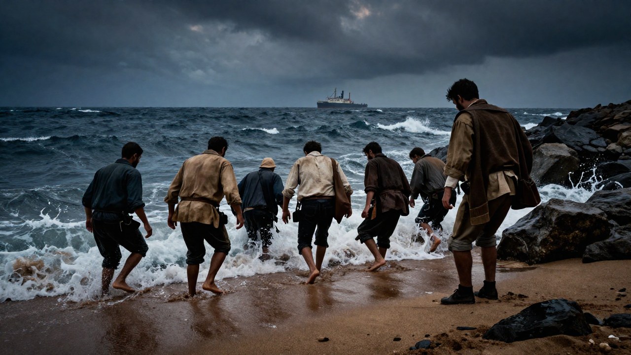Sobrevivientes españoles de un naufragio suben a una costa rocosa tras el tumulto del mar.