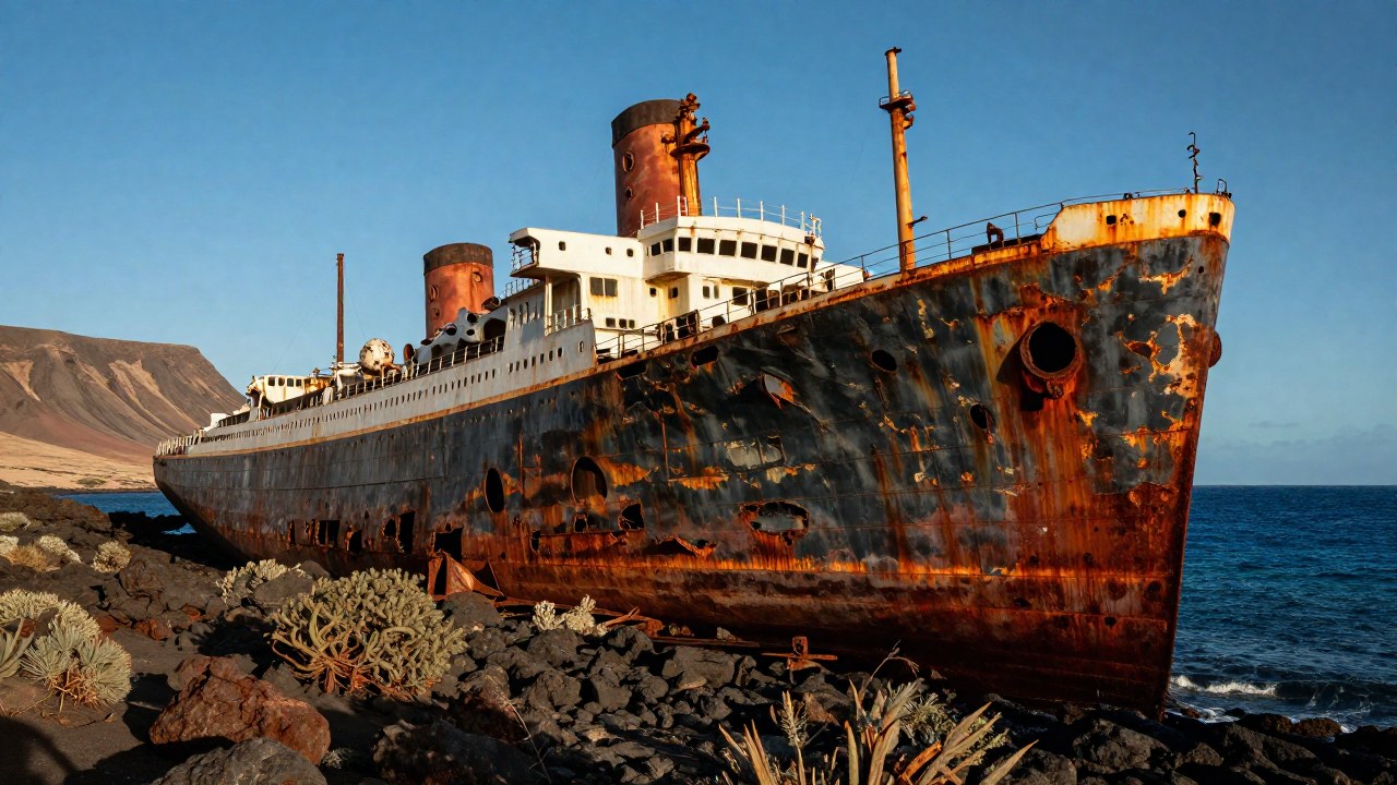 El enorme y oxidado naufragio del SS America cerca de la costa de Fuerteventura.