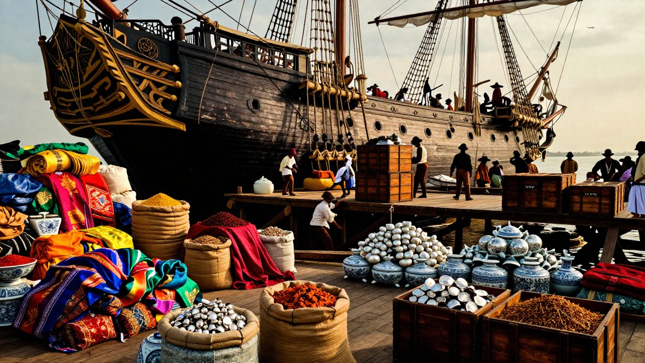 Obreros cargan mercancías exóticas de Asia y bienes coloniales en un puerto histórico junto a un galeón.