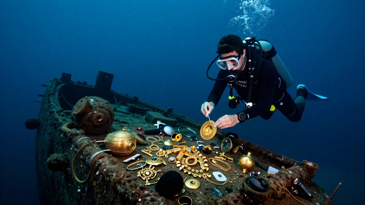 Buzo especializado recupera delicadamente joyas de oro y artefactos en un sitio de arqueología marina.