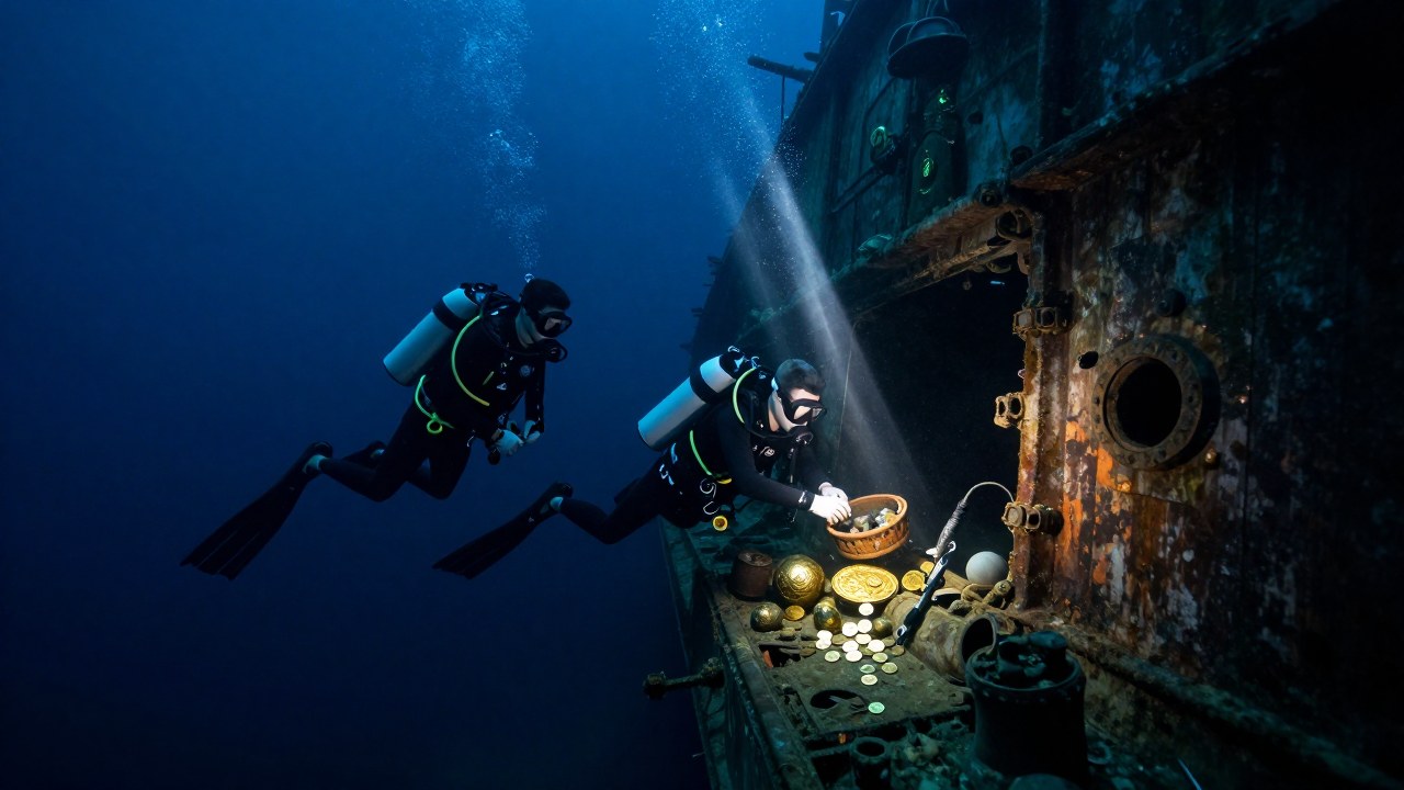 Divers especializados recuperan artefactos antiguos y monedas de oro del casco de un naufragio en las profundidades.
