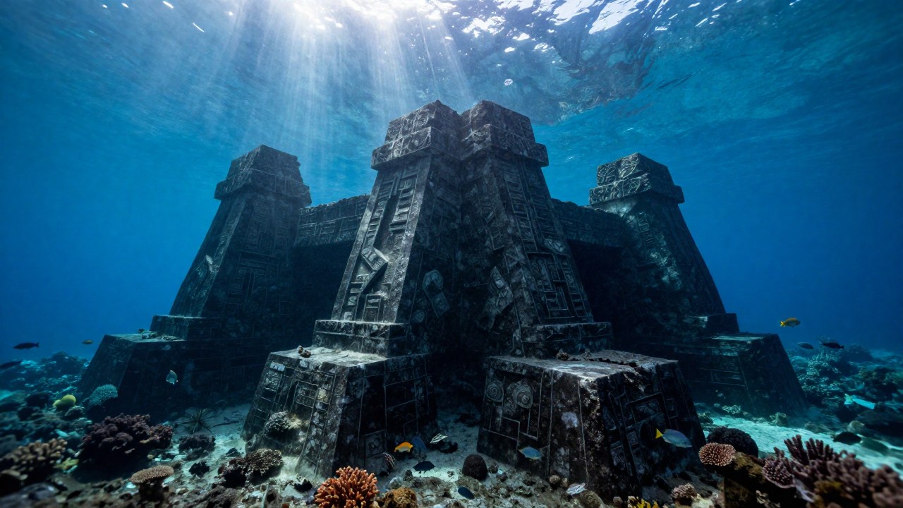 Formaciones de piedra masivas del Monumento de Yonaguni bajo aguas tropicales.