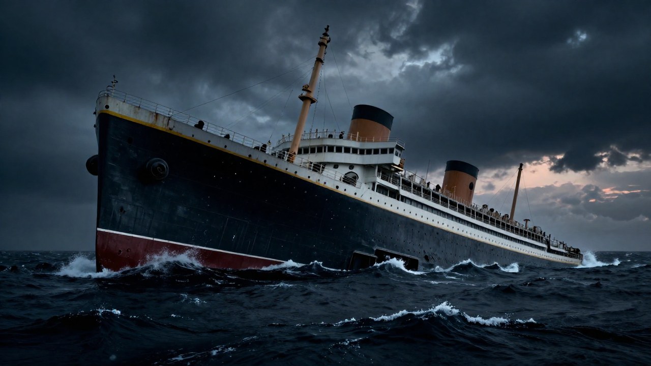Gran linero victoriano hundido en un mar turbulento, evidenciando su colapso estructural.