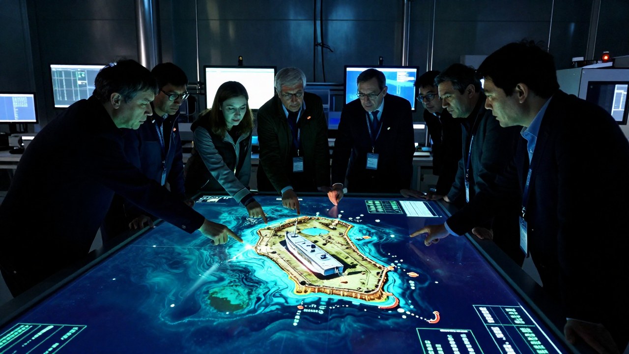 Un grupo de investigadores marinos analiza un mapa topográfico 3D de un naufragio submarino en el laboratorio.