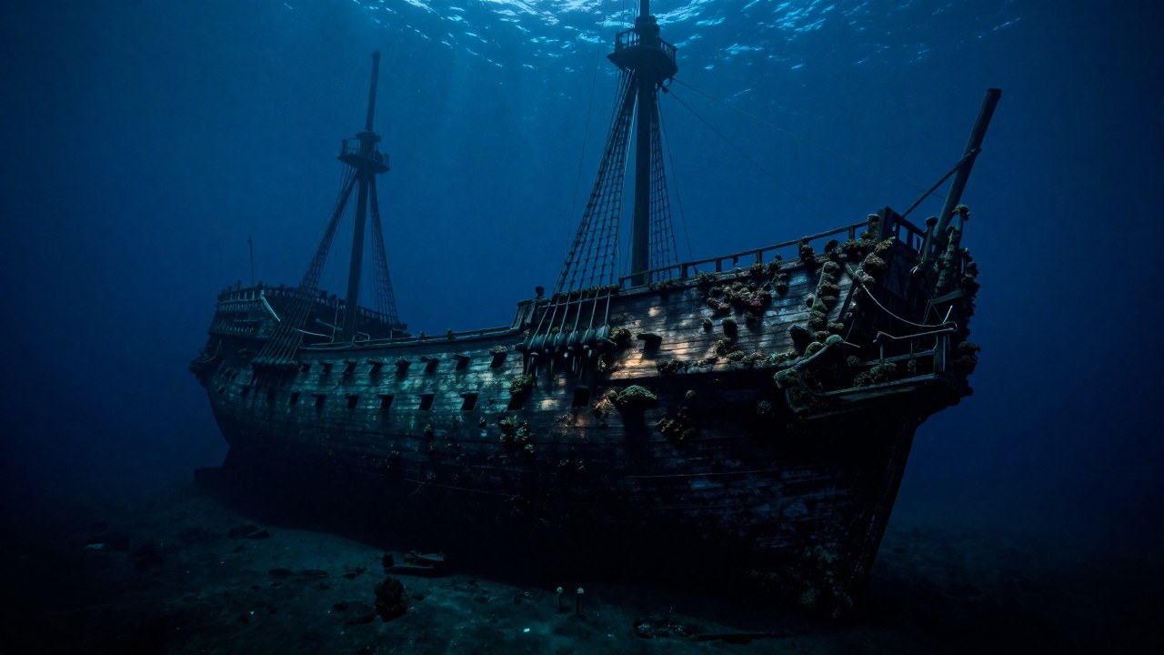 El antiguo galeón del siglo XVIII, naufragado en el fondo del mar, sugiere un sitio de investigación arqueológica.