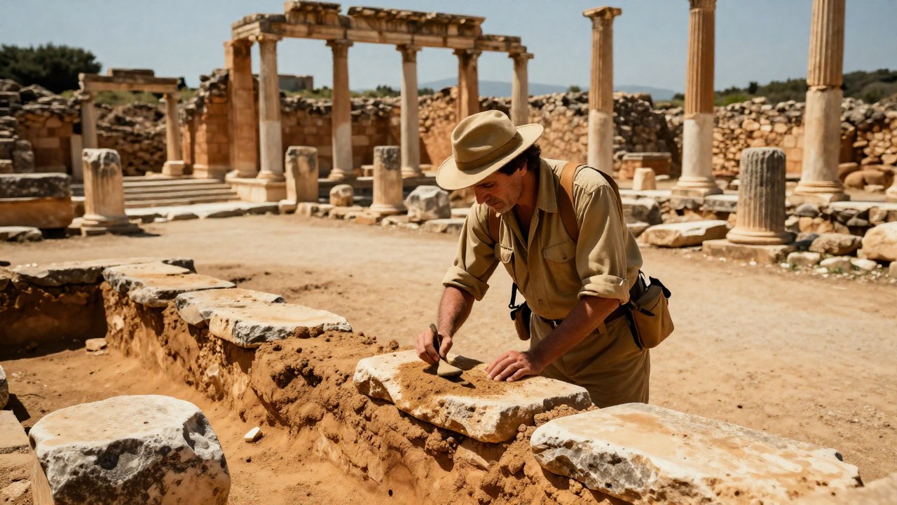 Arqueólogo en ruinas mediterráneas limpiando cuidadosamente un fragmento de piedra de una antigua estructura.