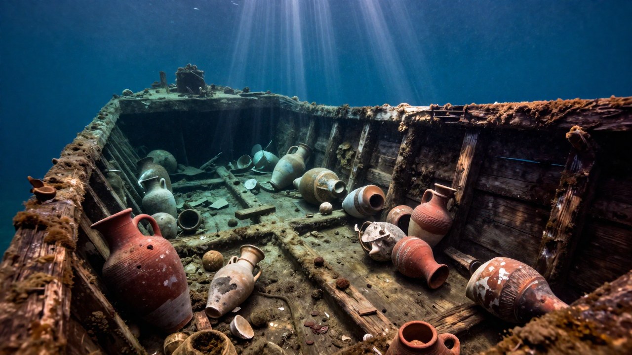 Naufragio romano sumergido en el Mediterráneo, mostrando restos de ánforas y cerámica de comercio antiguo.